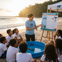 Pessoa dando palestra sobre tartarugas para crianças.