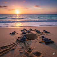 Filhotes de tartaruga saindo de um ninho na areia.